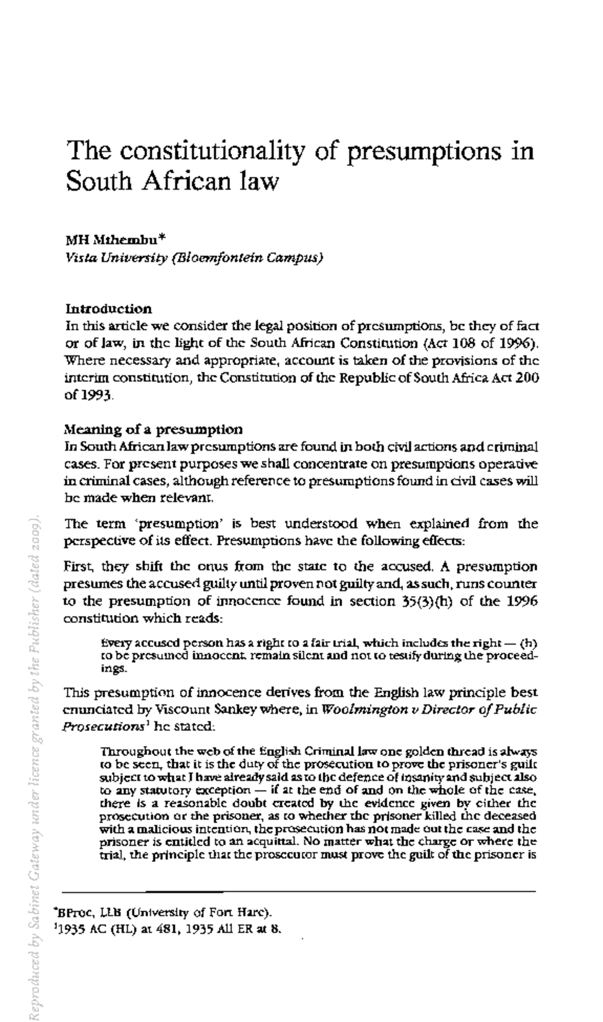 The Constitutionality of Presumptions in South African Law: A Critical ...