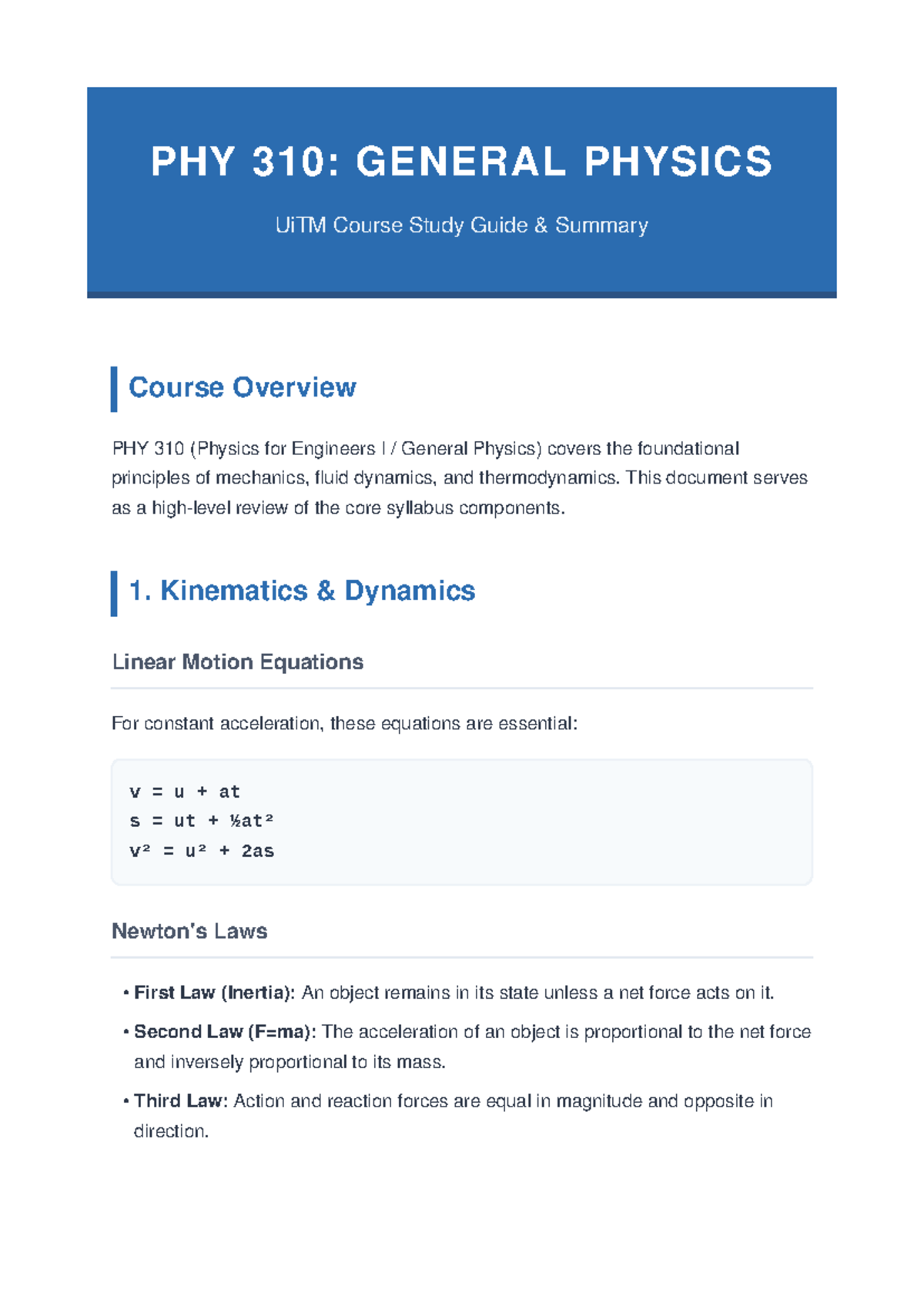 PHY 310: General Physics Study Guide Summary for Engineers - Studocu