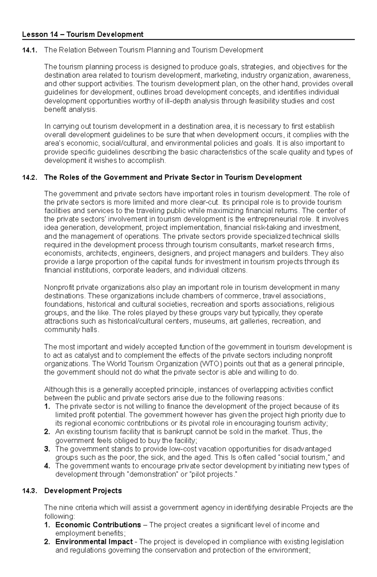 Lesson 14: Insights on Tourism Development Strategies and Roles - Studocu