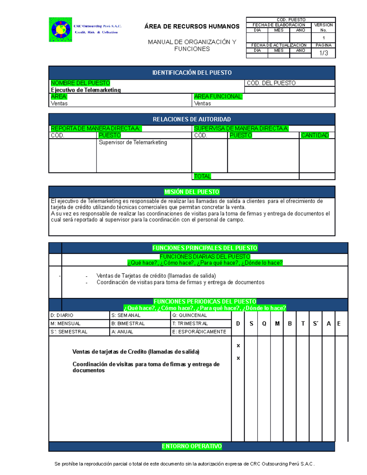 Formato MOF - Manual de Organización y Funciones del Puesto - Document Preview