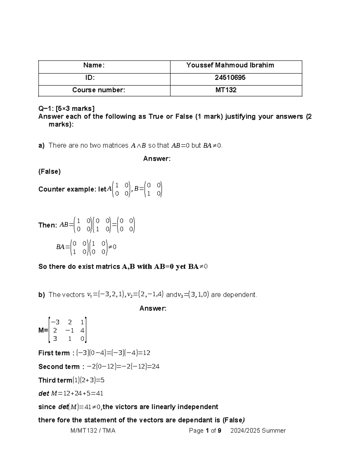 MT132 TMA Submission: True/False Matrix Analysis and Solutions - Studocu