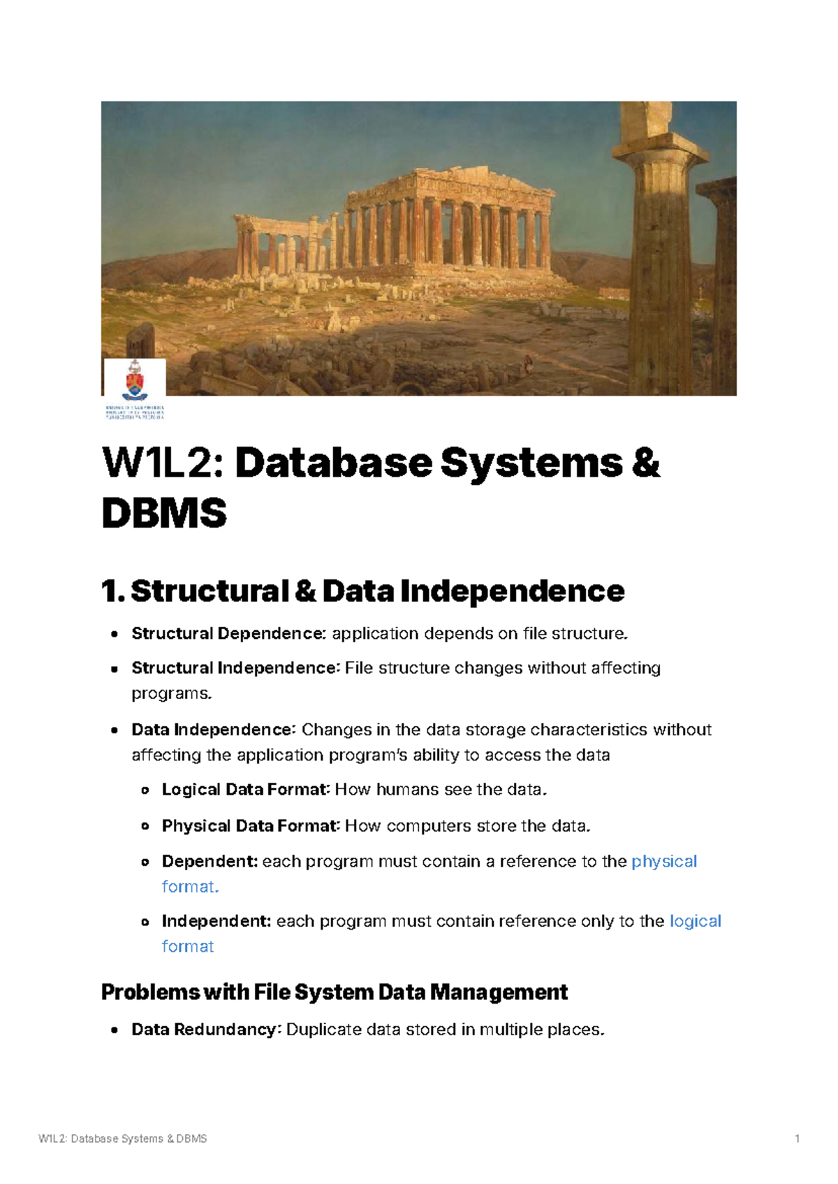W1L2: Database Systems DBMS - Structural & Data Independence Overview ...