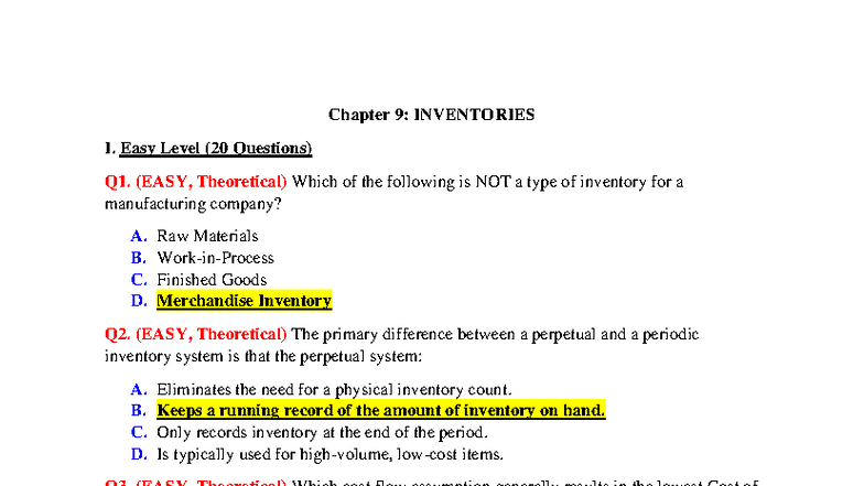 C9: Chapter 9 - Inventories I & II - Easy to Difficult Questions - Studocu