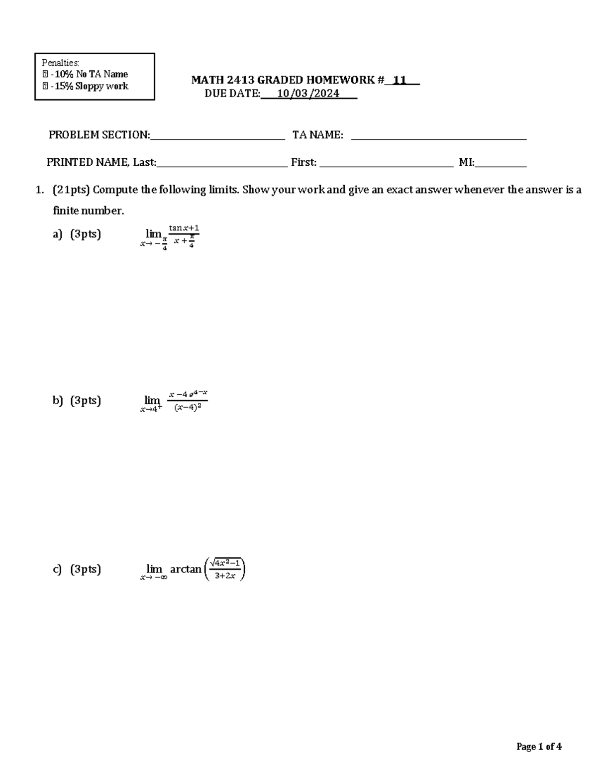 24FL2413 MATH 2413 Graded Homework #11 - Limit Problems - Studocu