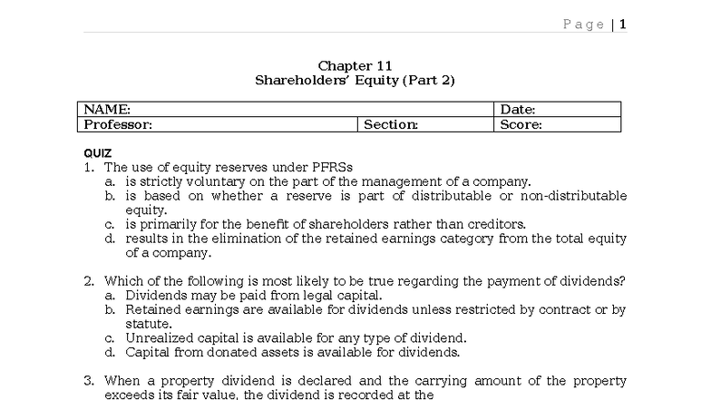 QUIZ 2021: Chapter 11 Equity (Part 2) Insights and Questions - Studocu