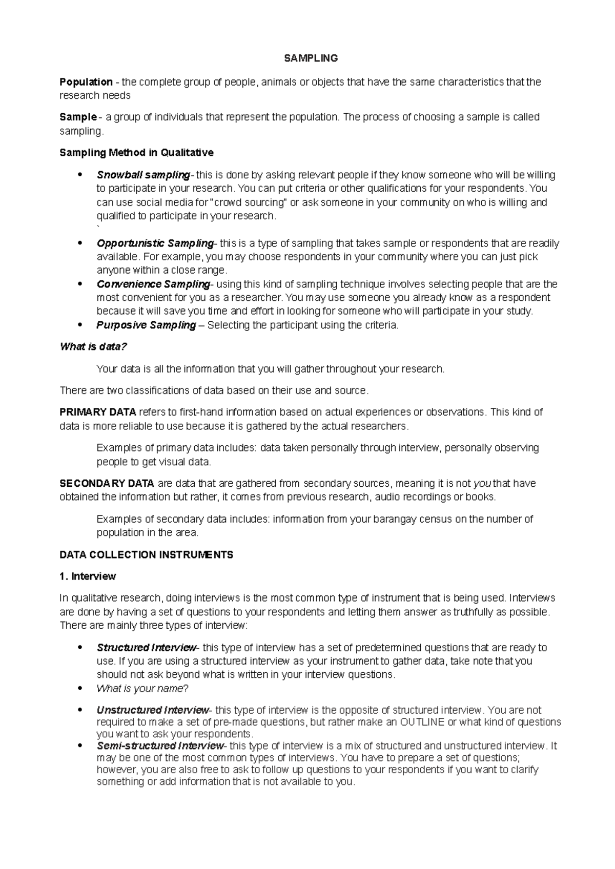 Sampling Methods and Data Collection in Qualitative Research - Studocu