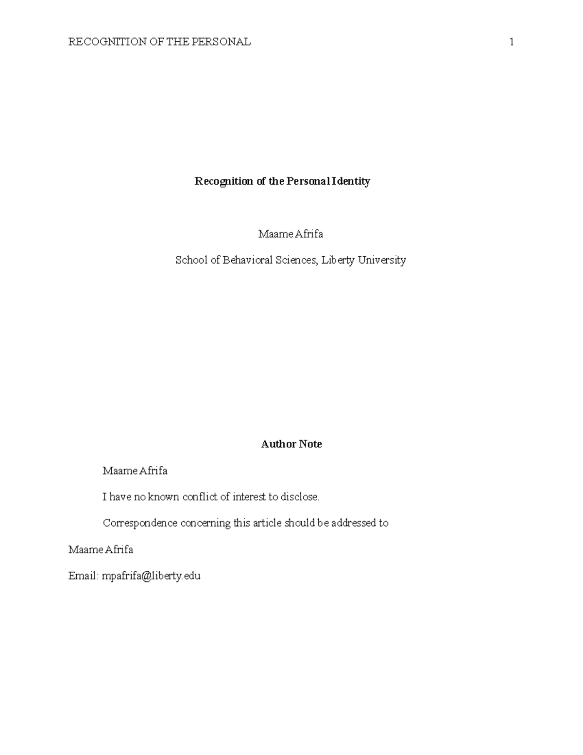 Afrifa M Personal Identity Paper - Recognition of the Personal Identity ...