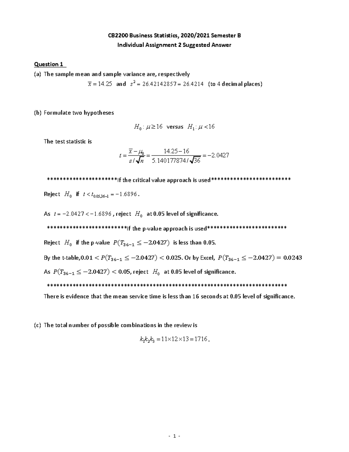 CB2200 Business Statistics: Assignment 2 Suggested Answers - Studocu