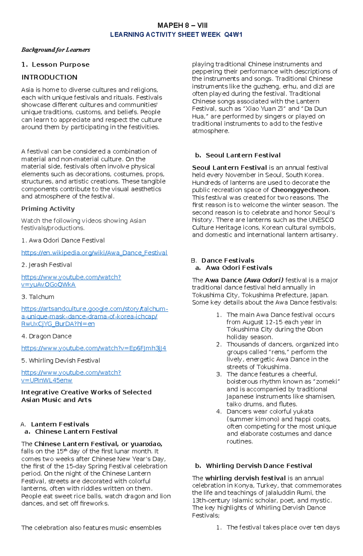 MAPEH 8 LAS Q4W1: Exploring Asian Festivals and Cultural Arts - Studocu