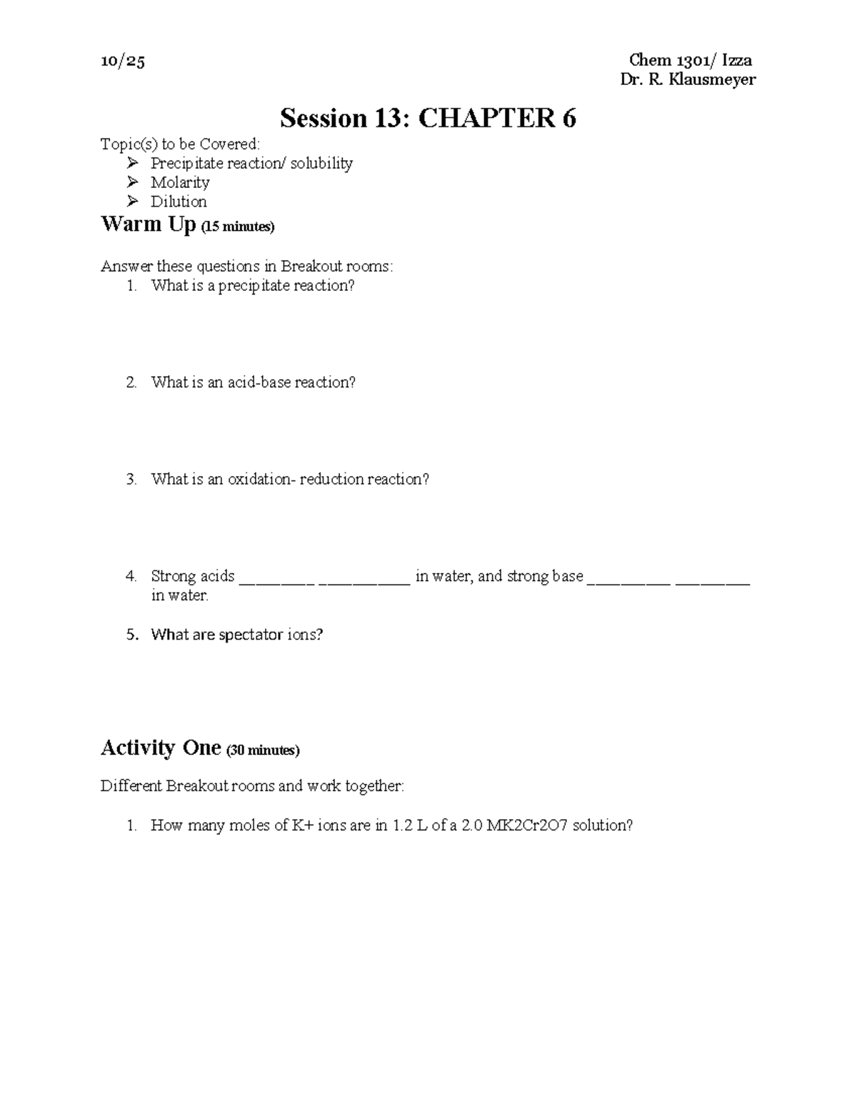 SI Session 13 - Copy - Supplemental instruction prep materials - Dr. R ...