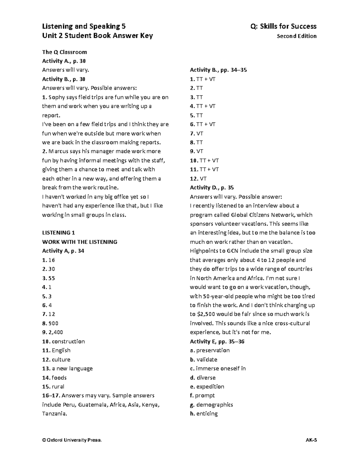 Listening and Speaking 5 Unit 2 Student Book Answer Key - Studocu