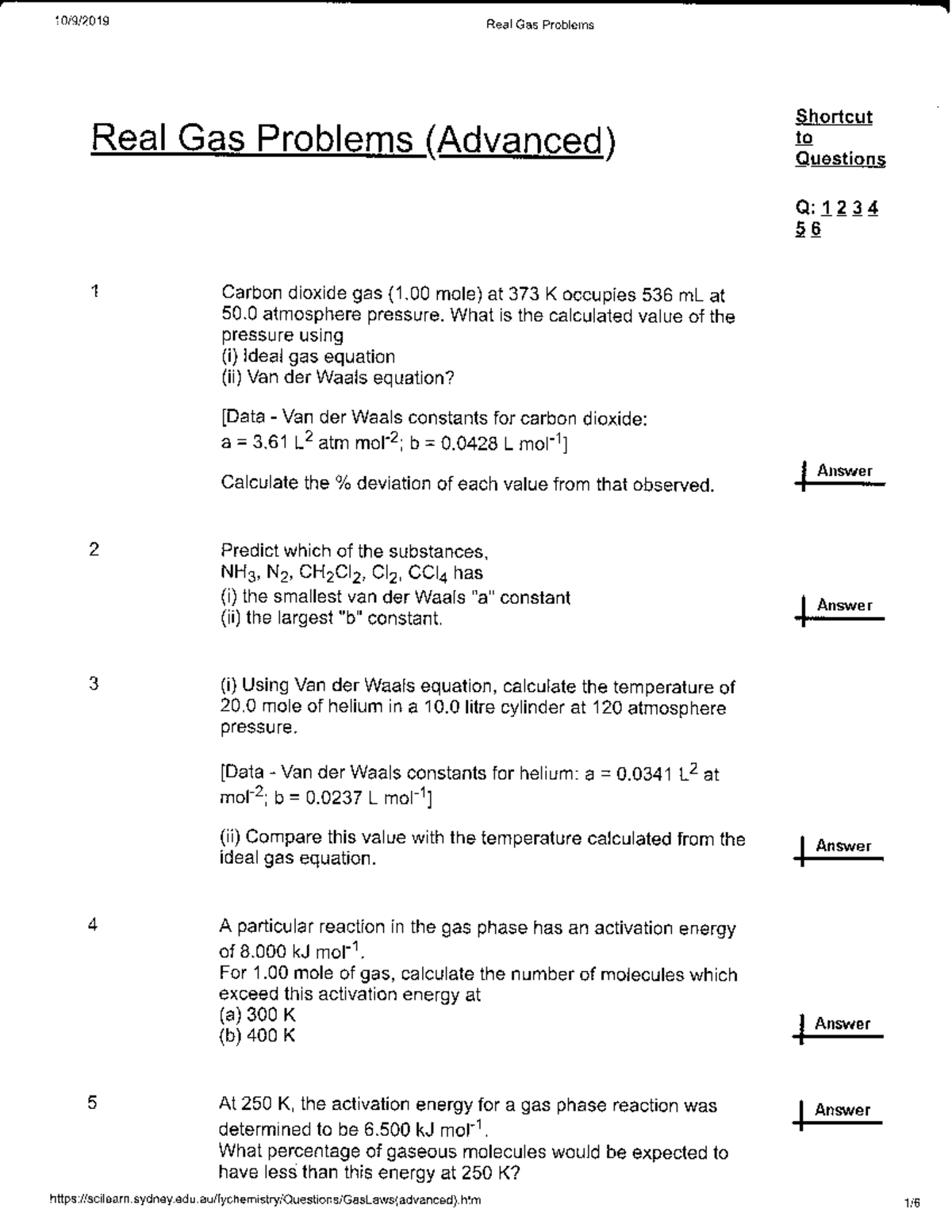 Real Gas Problems: Advanced Solutions and Calculations for Q: 1234 56 1 ...