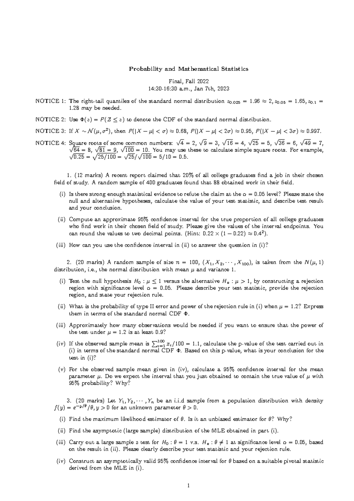 Final Exam Notes - Probability and Mathematical Statistics (Fall 2022 ...