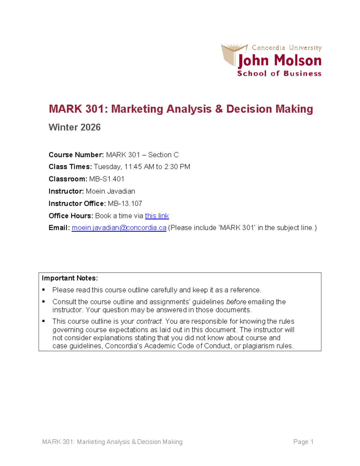 MARK 301: Winter 2026 Course Outline for Marketing Analysis Decision ...