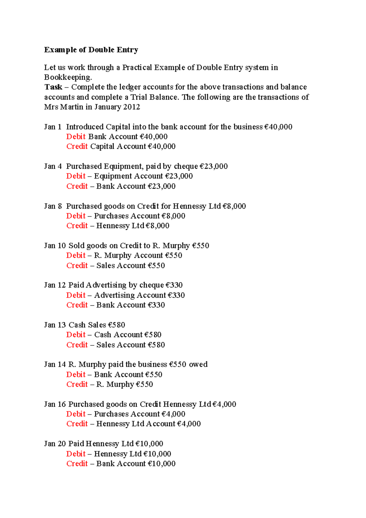 Double Entry Bookkeeping Example: Transactions & Trial Balance - Studocu