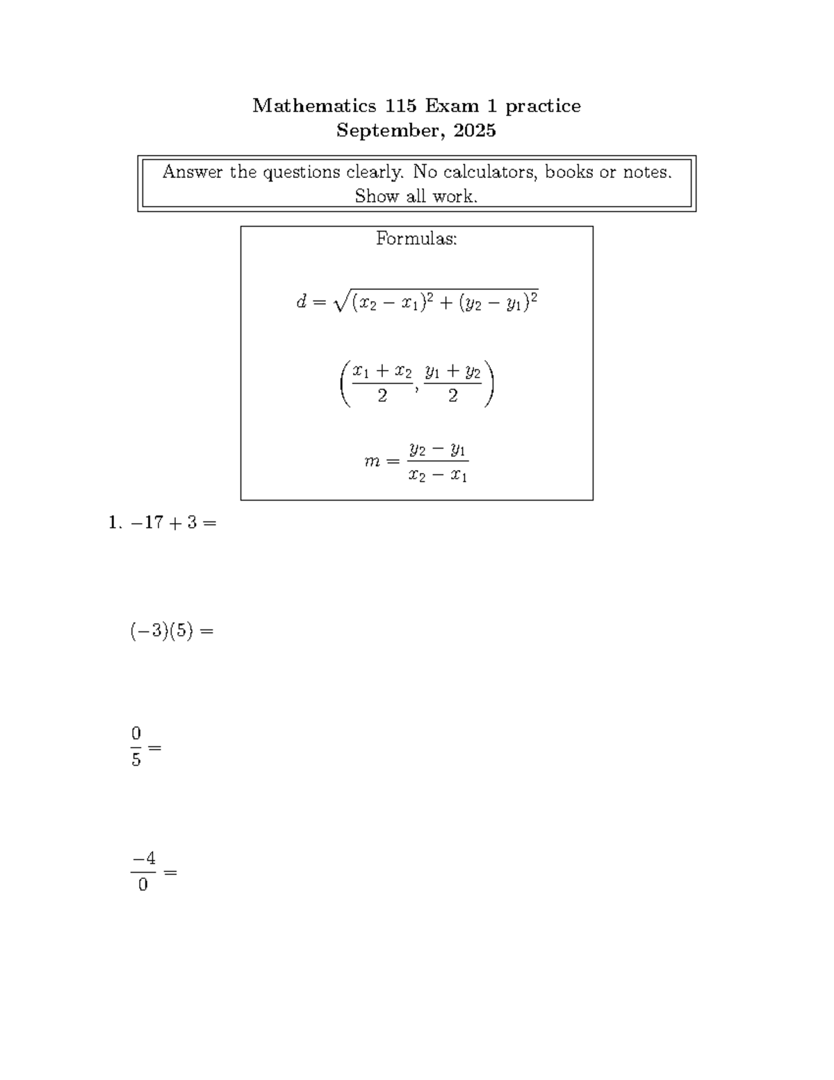 Mathematics 115 Final Exam Practice - September 2025 - Studocu