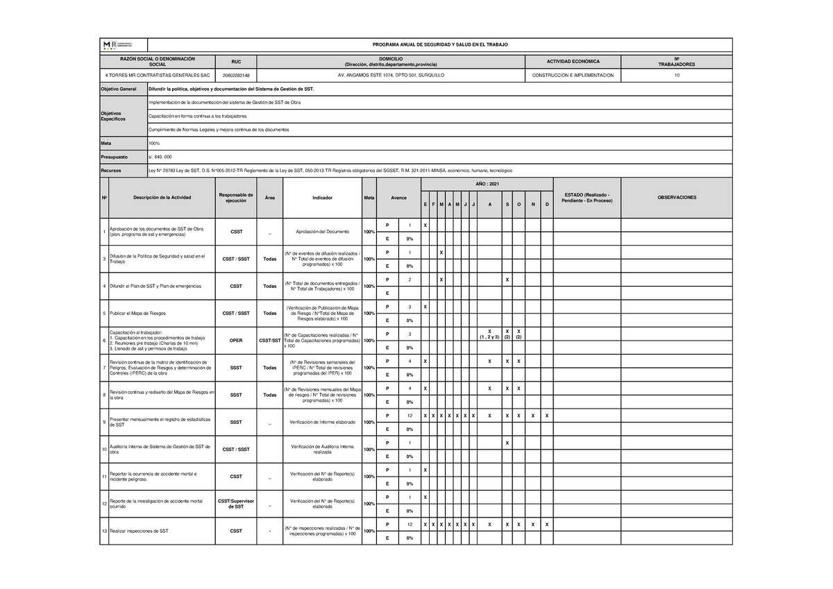 Programa de Seguridad y Salud en el Trabajo - Objetivo General 1 - Studocu