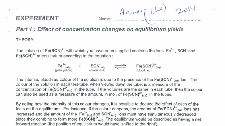 Chemistry 2 Equilibrium Experiment Answers: Concentration & Temperature ...