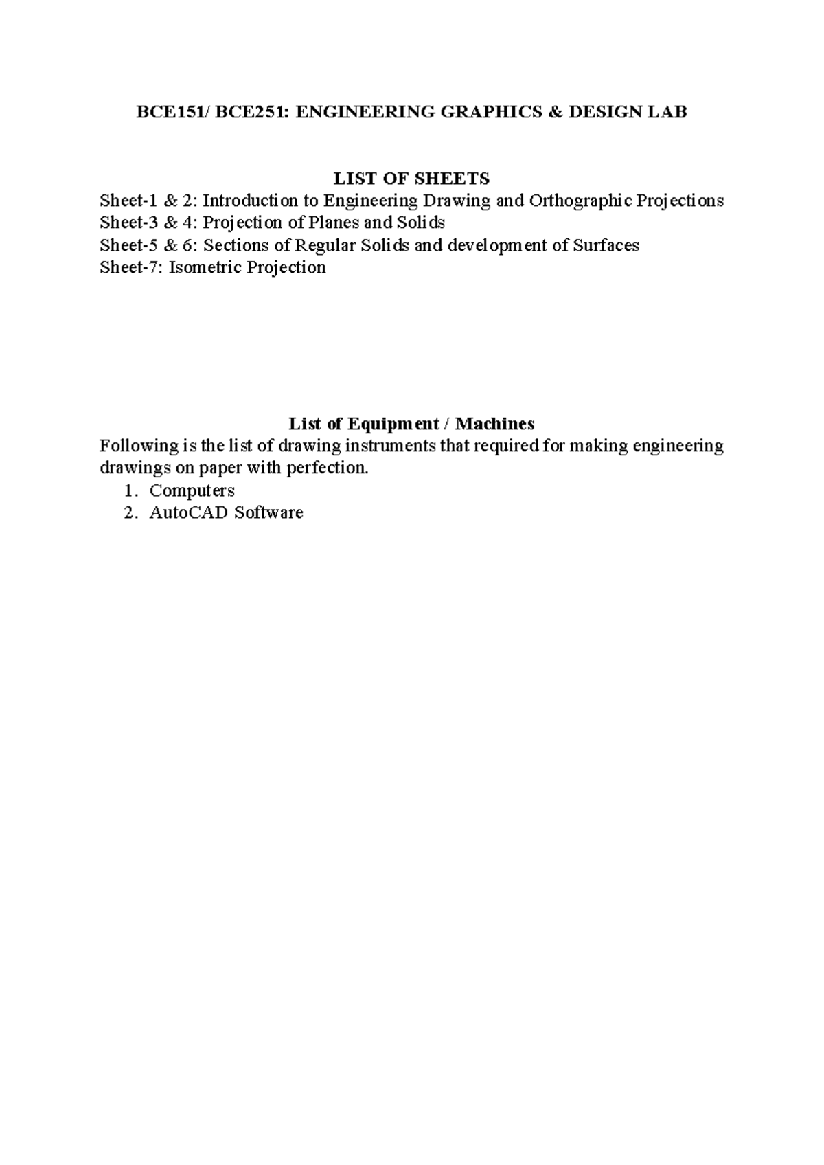 Engineering Graphics & Design LAB - BCE151/ BCE251: ENGINEERING ...