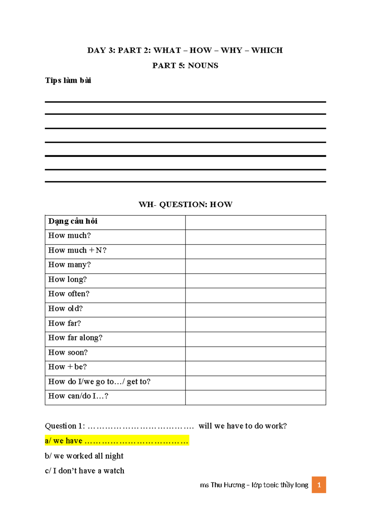 DAY 3: PART 2 - NOUNS & WH QUESTIONS Tips for TOEIC Preparation - Studocu
