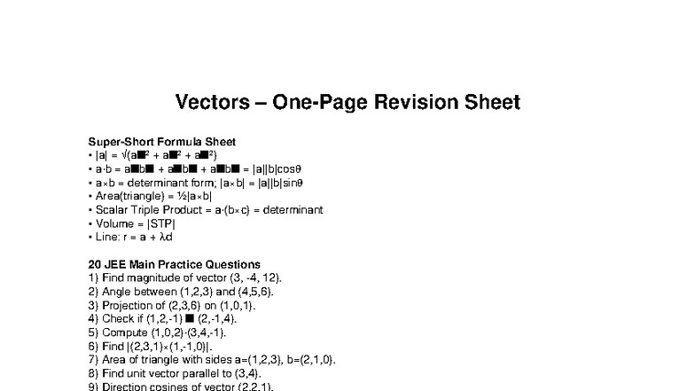Vectors One Page Revision Sheet for JEE Main & Advanced - Studocu