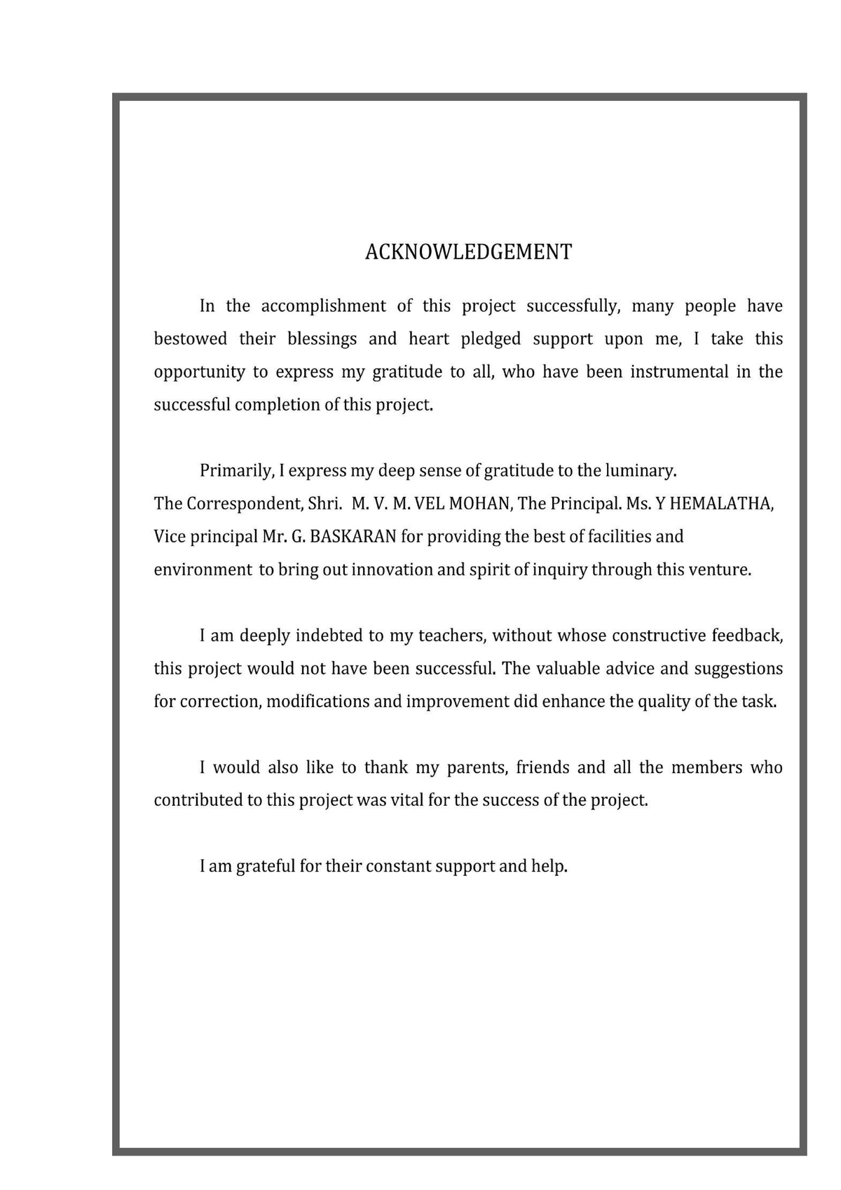 Acknowledgement of Support for Project Completion - Studocu