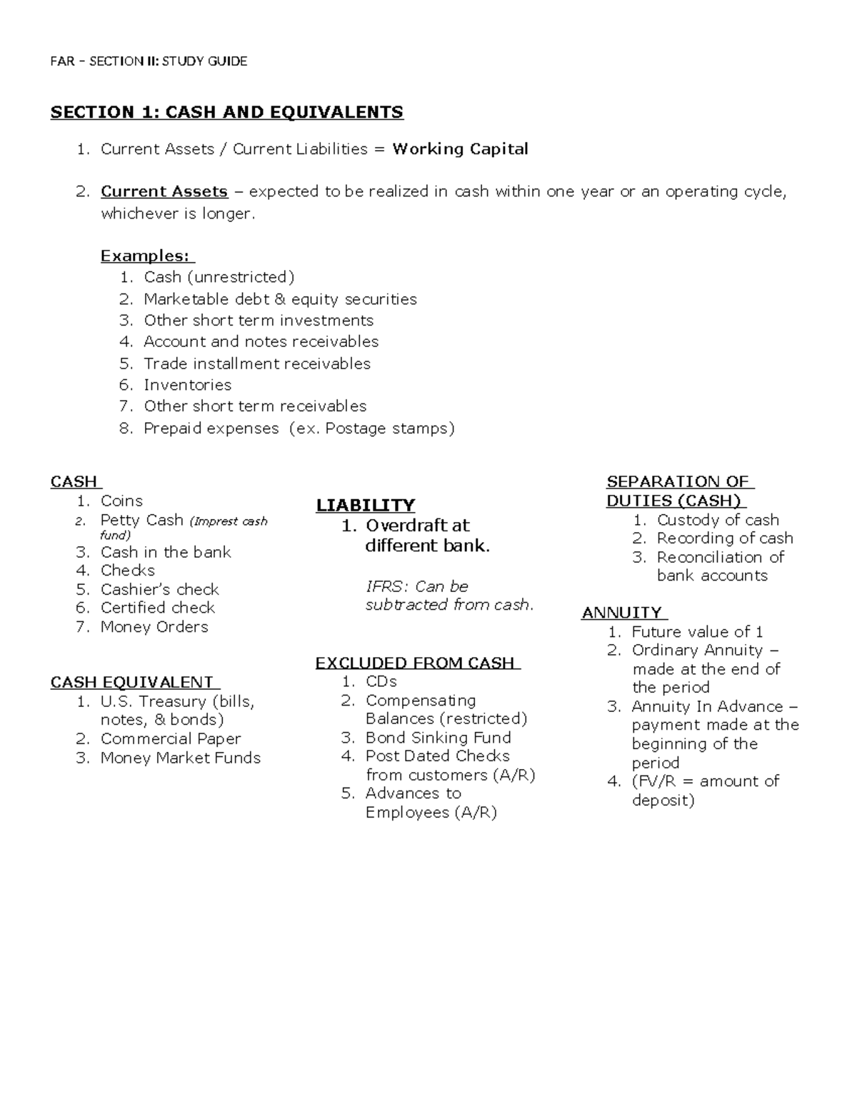 Section 1 - Cash and Cash Equivalents - FAR – SECTION II: STUDY GUIDE ...