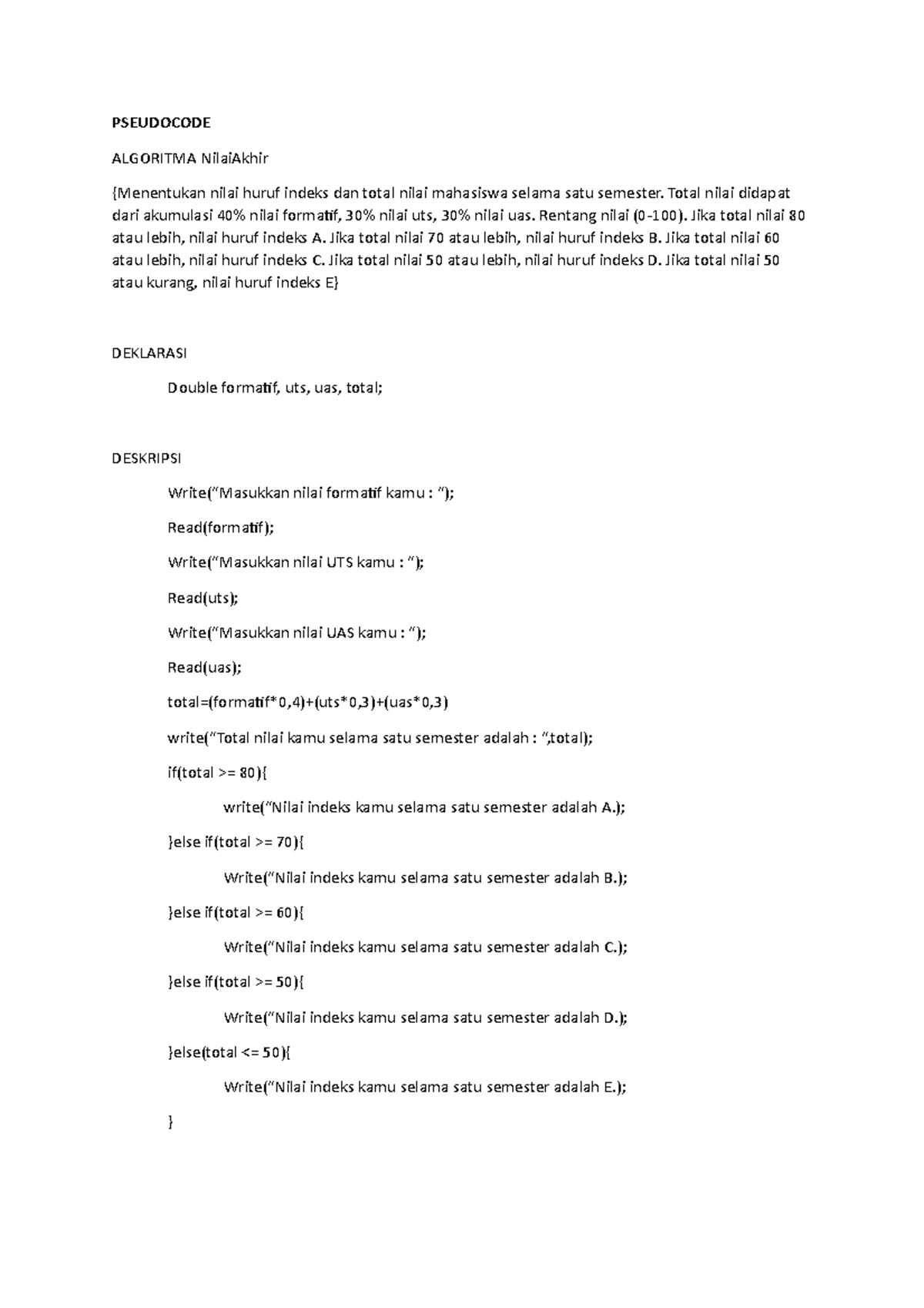 Pseudocode for Semester Final Grades Calculation - Studocu