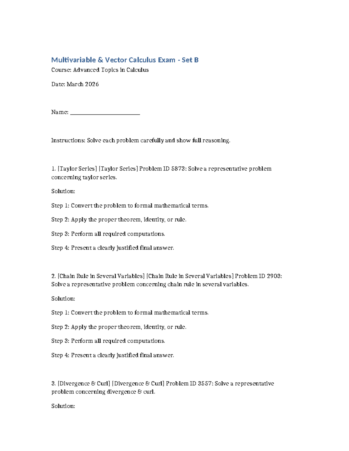 Advanced Topics in Calculus: Multivariable Vector Calculus Exam Set B ...