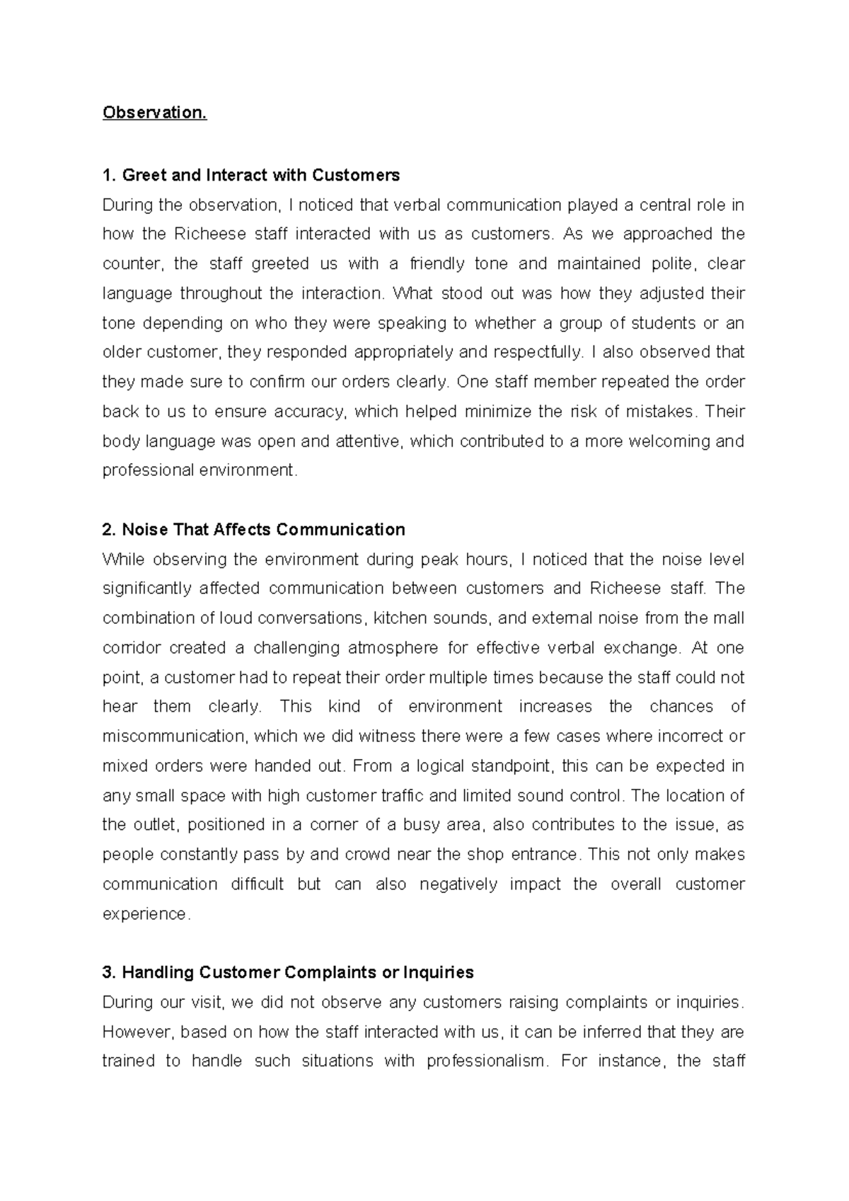 Observation of Customer Interaction and Communication Challenges - Studocu