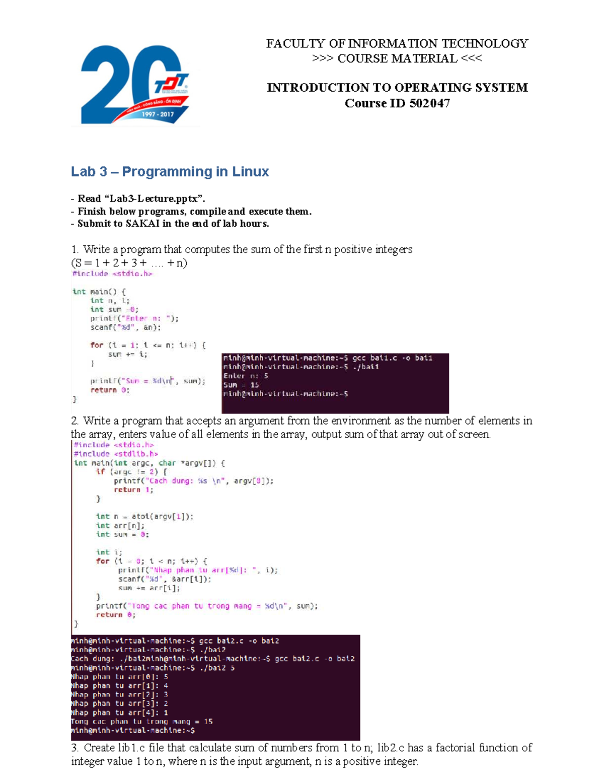 502047 Lab 3: Programming in Linux - Sum and Factorial Programs - Studocu