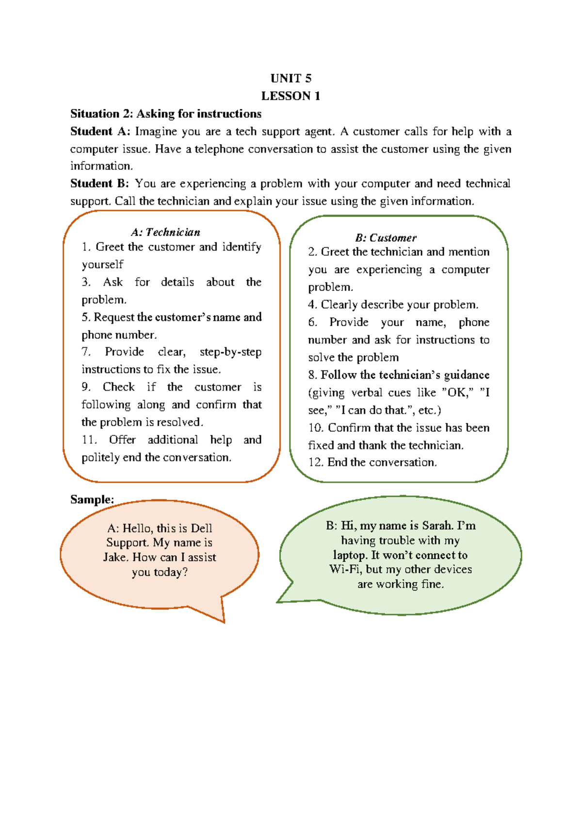 UNIT 5 LESSON 1: Tech Support Role Play Scenarios - Studocu