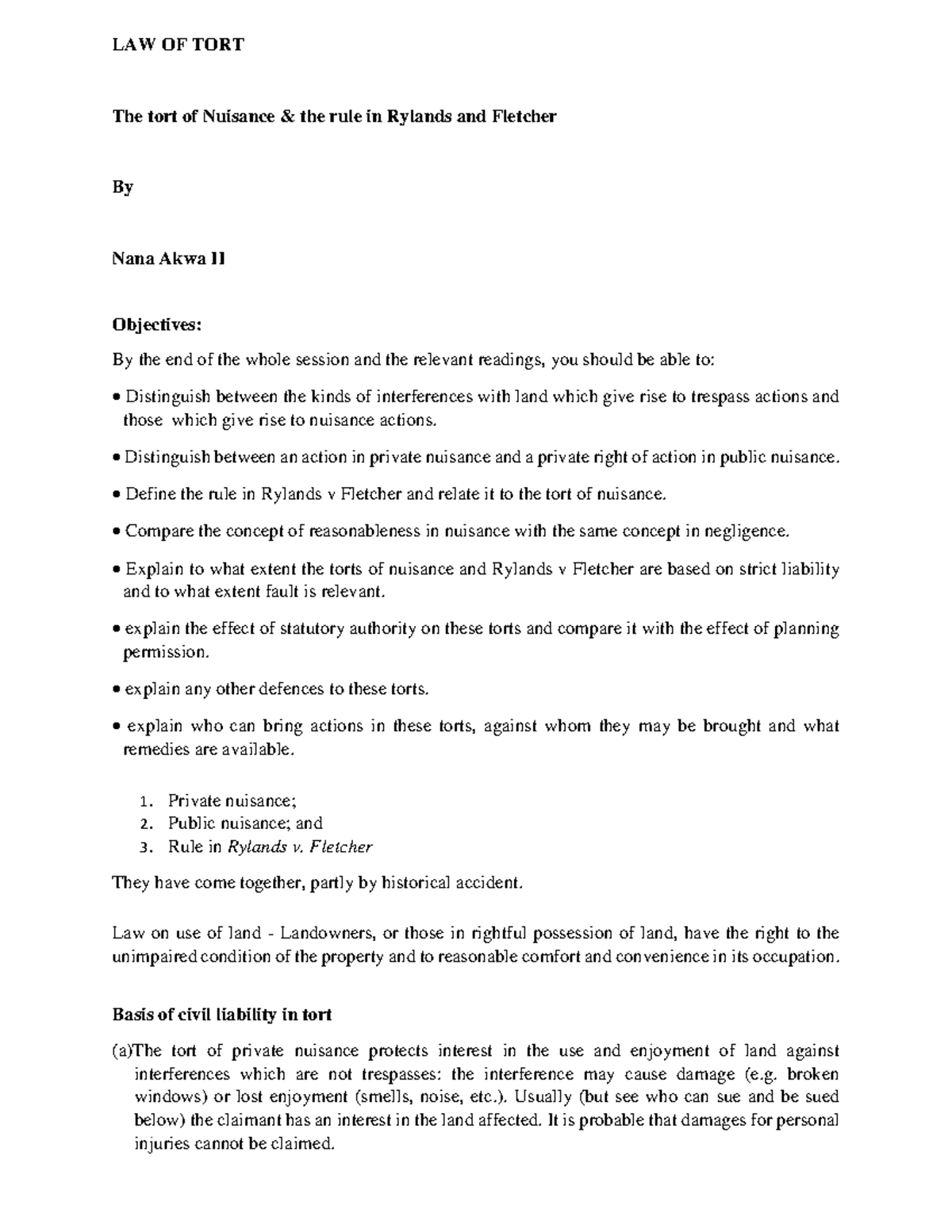 Nuisance and the Rule in Rylands v. Fletcher: LAW 125016 Tutorial Notes ...