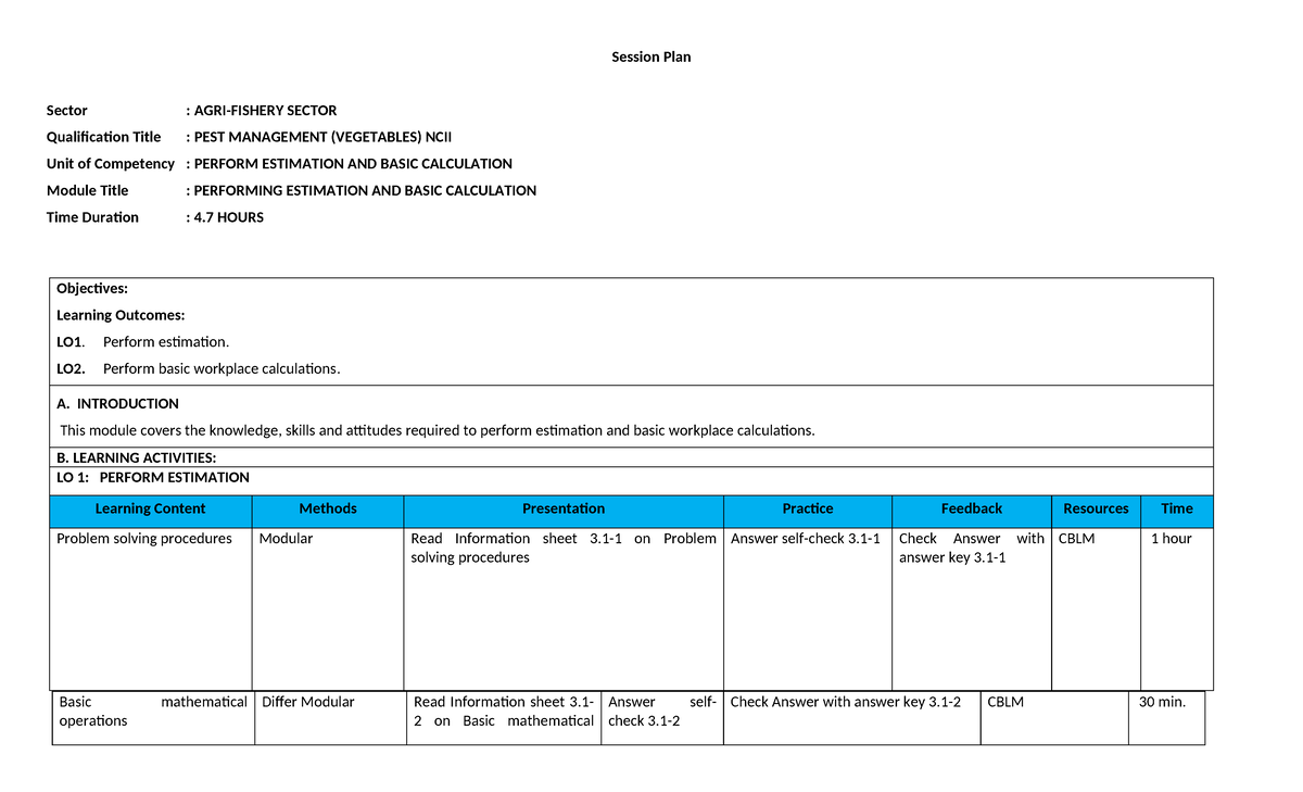 Prelim Session Plan: Estimation & Basic Calculation (PEST MGMT NCII ...