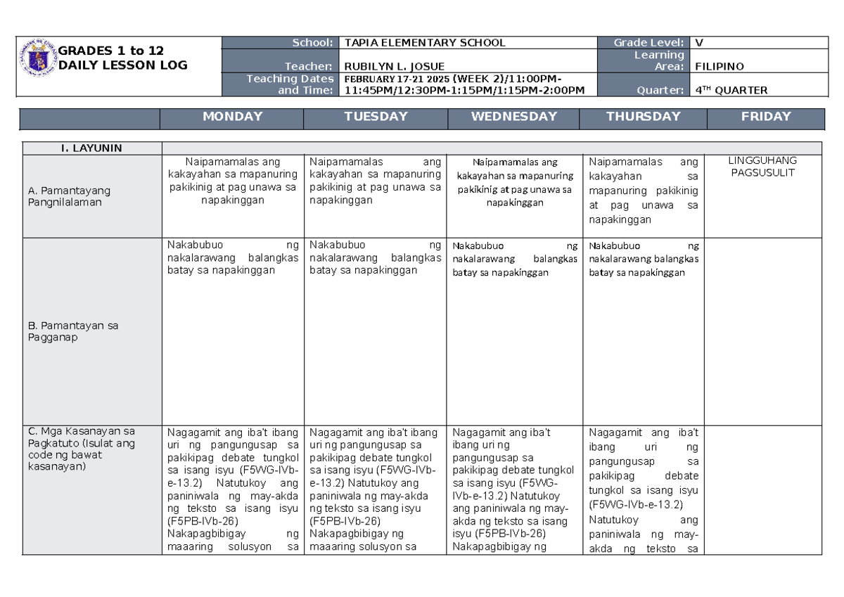 DLL Grade 5 Q4 W2 - GRADES 1 to 12 DAILY LESSON LOG School: TAPIA ...