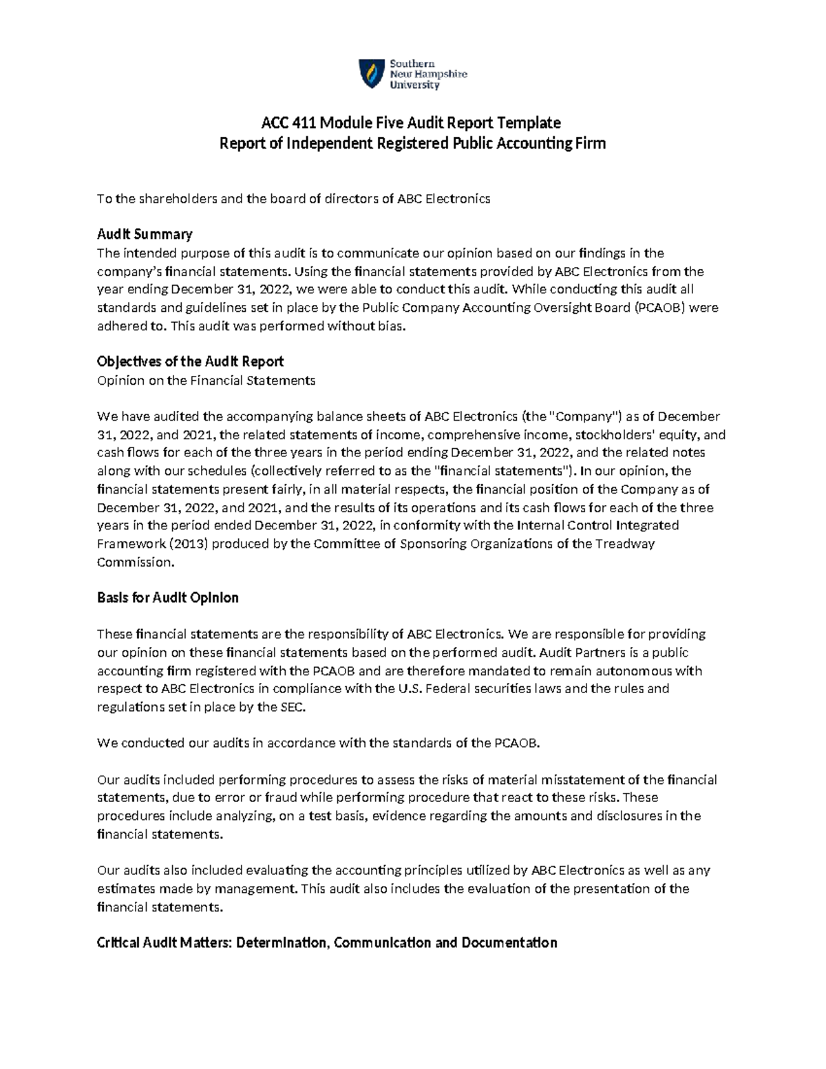 ACC 411 Module 5 Audit Report for ABC Electronics Financials - Studocu