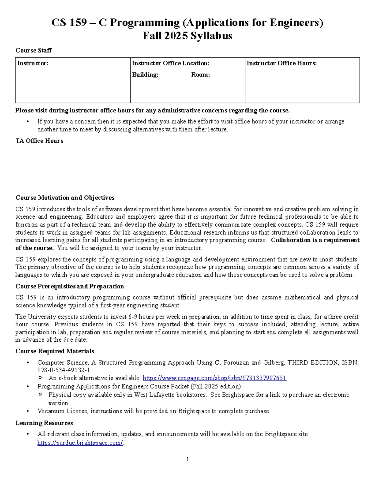 CS 159 Fall 2025 C Programming Syllabus and Course Overview - Studocu