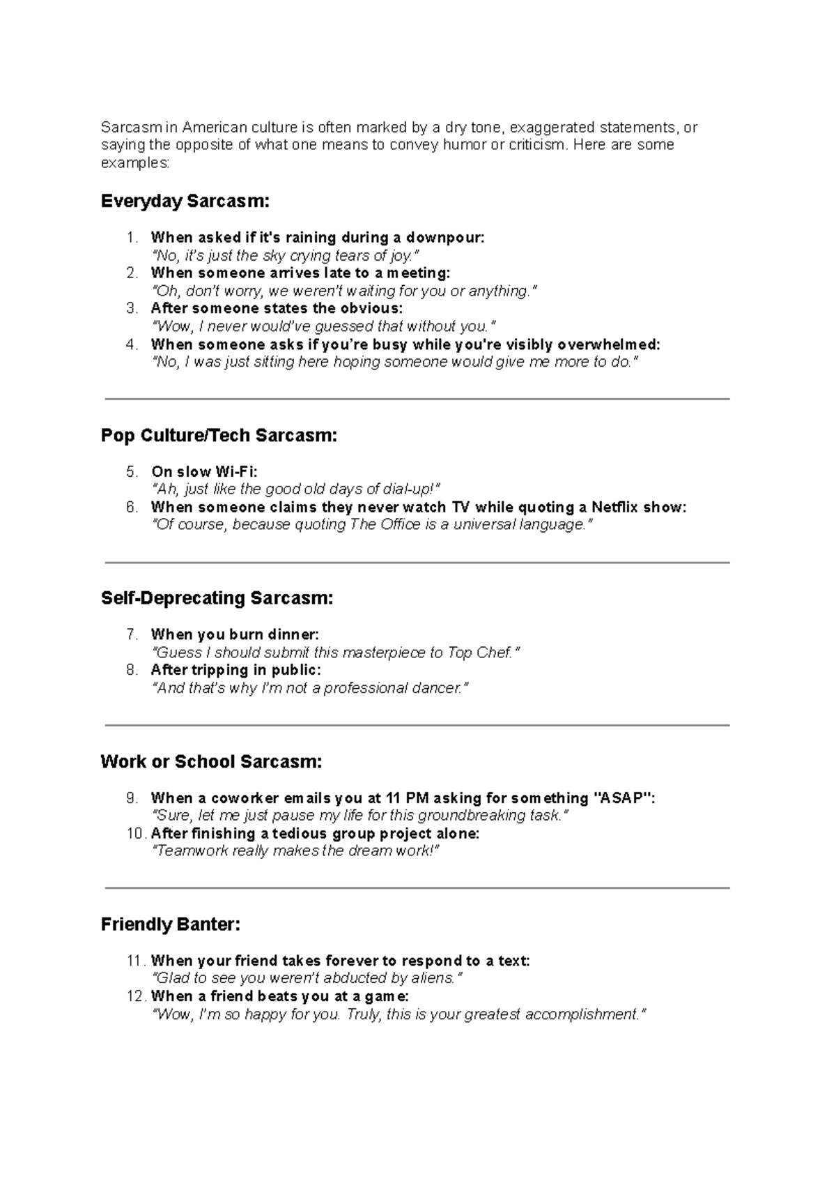 American Sarcasm: Examples and Insights into Cultural Humor - Studocu