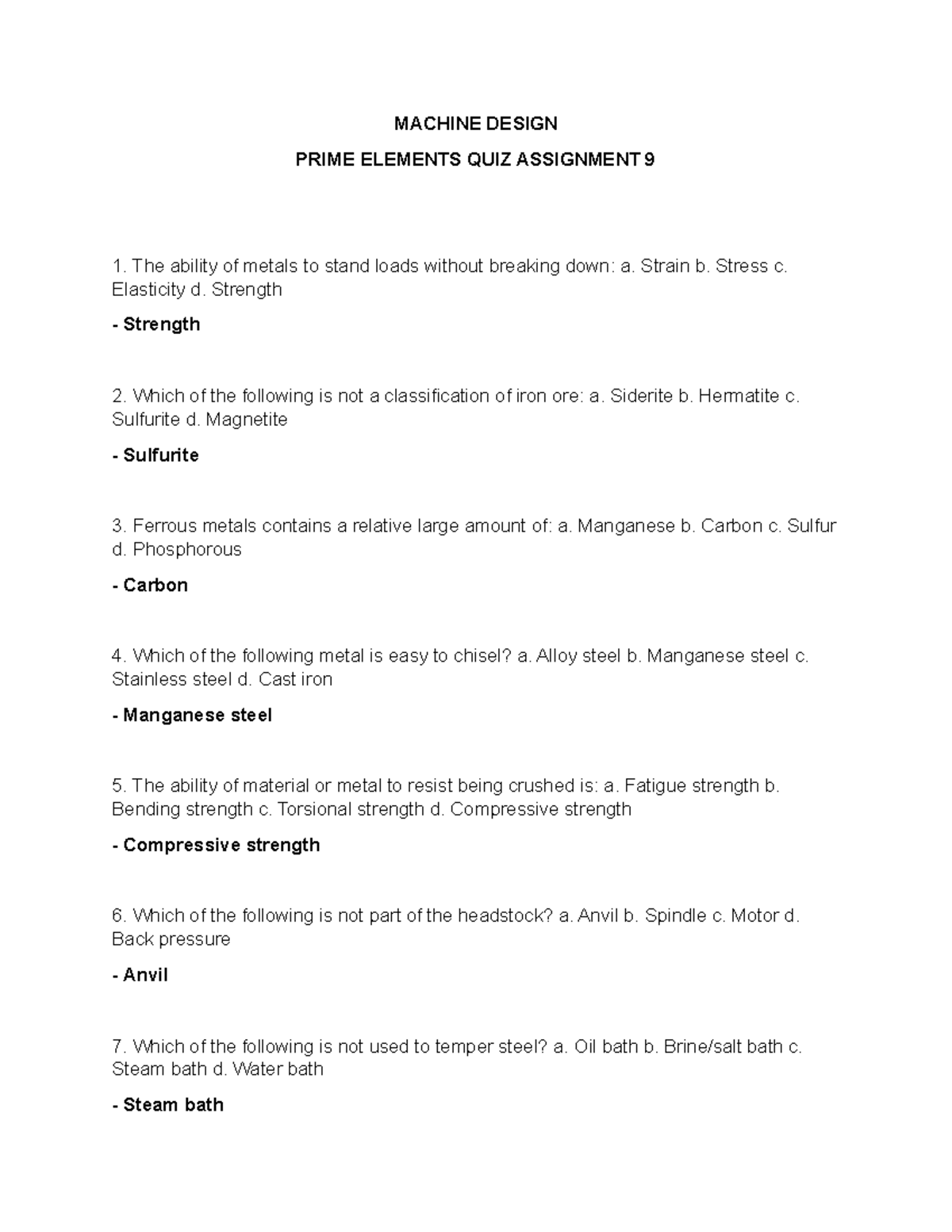 MACHINE DESIGN 109: PRIME ELEMENTS QUIZ ASSIGNMENT 9 - Studocu