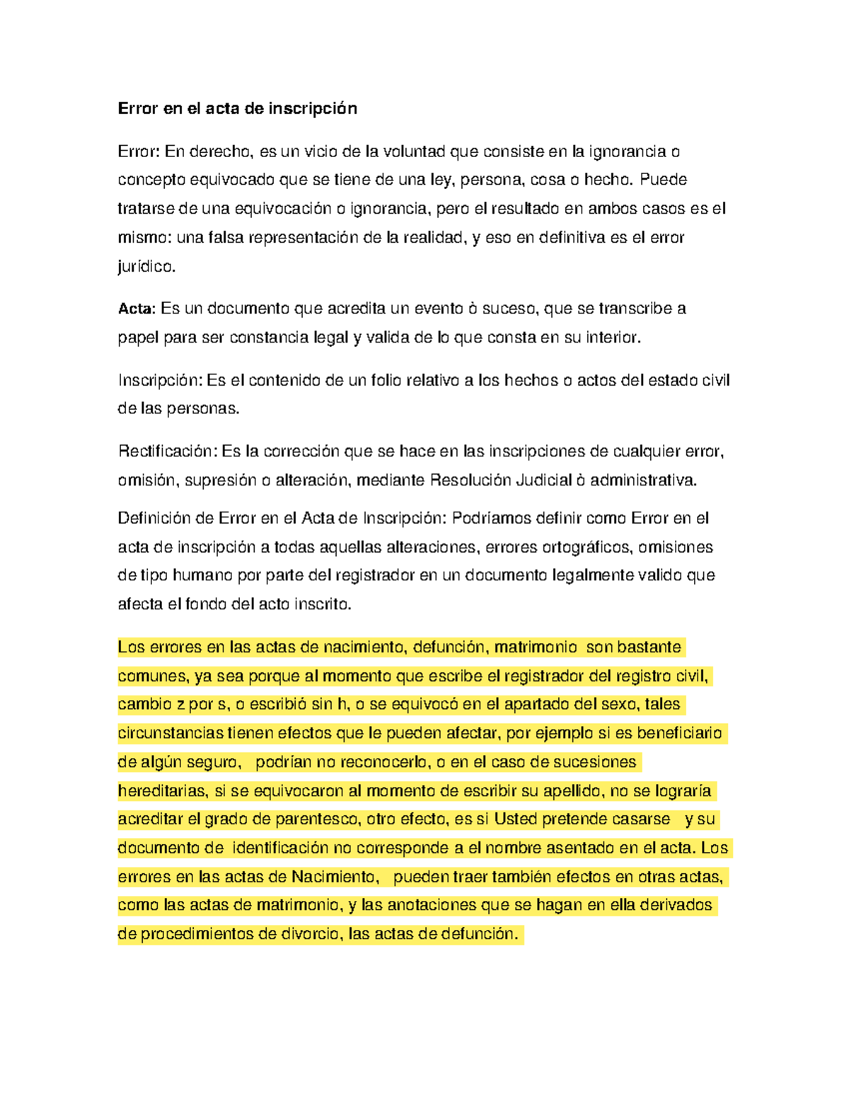 Error en el Acta de Inscripción Notarial: Definiciones y Proceso - Studocu