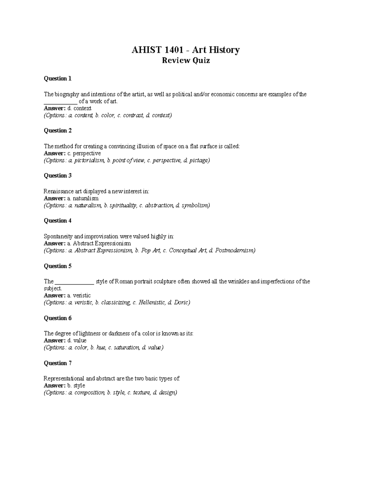 AHIST 1401 Art History Review Quiz Questions and Answers - Studocu