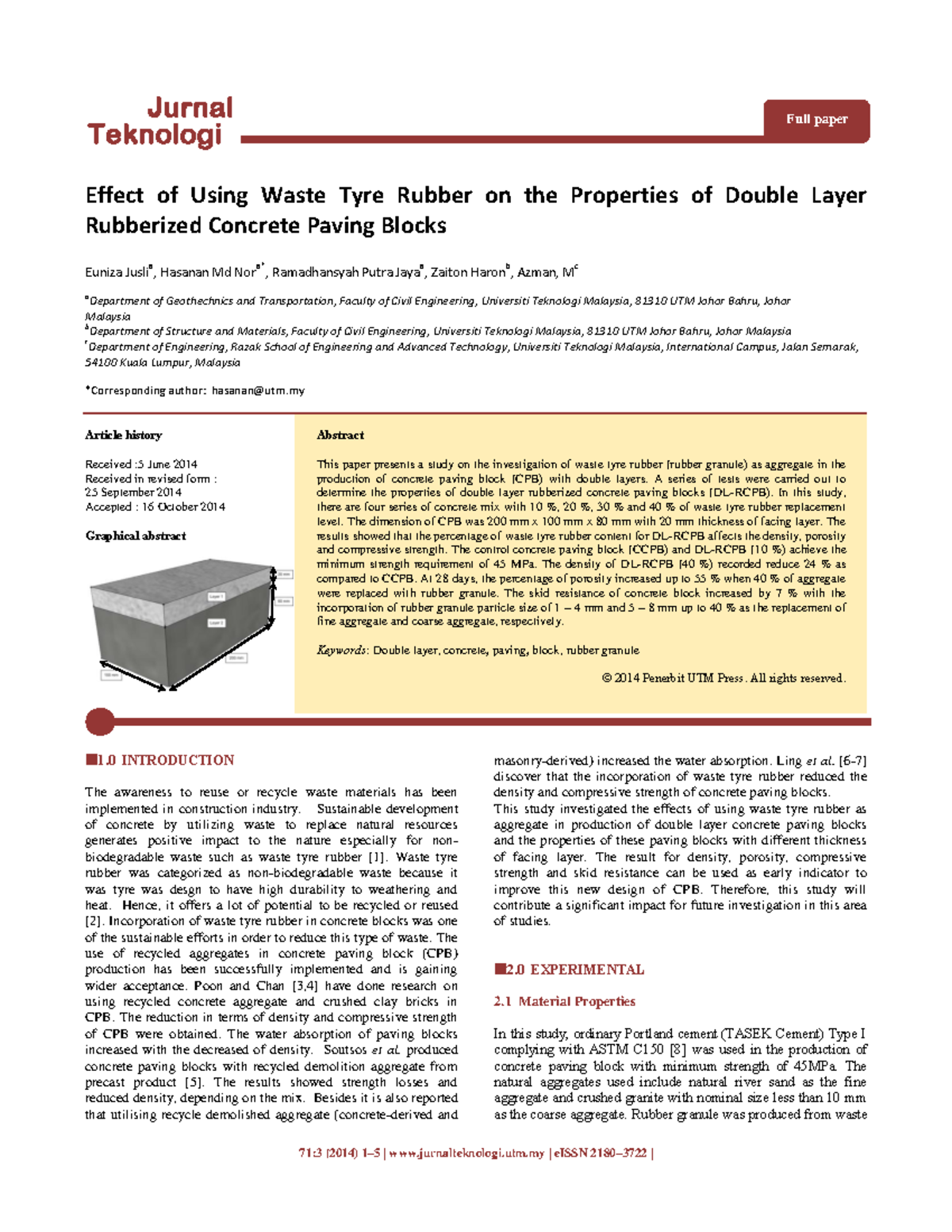 Effect of Waste Tyre Rubber on Double Layer Concrete Paving Blocks ...