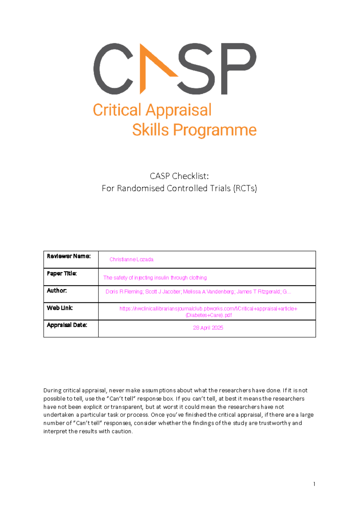 CASP Checklist for RCTs: Critical Appraisal Guide 2024 - Studocu