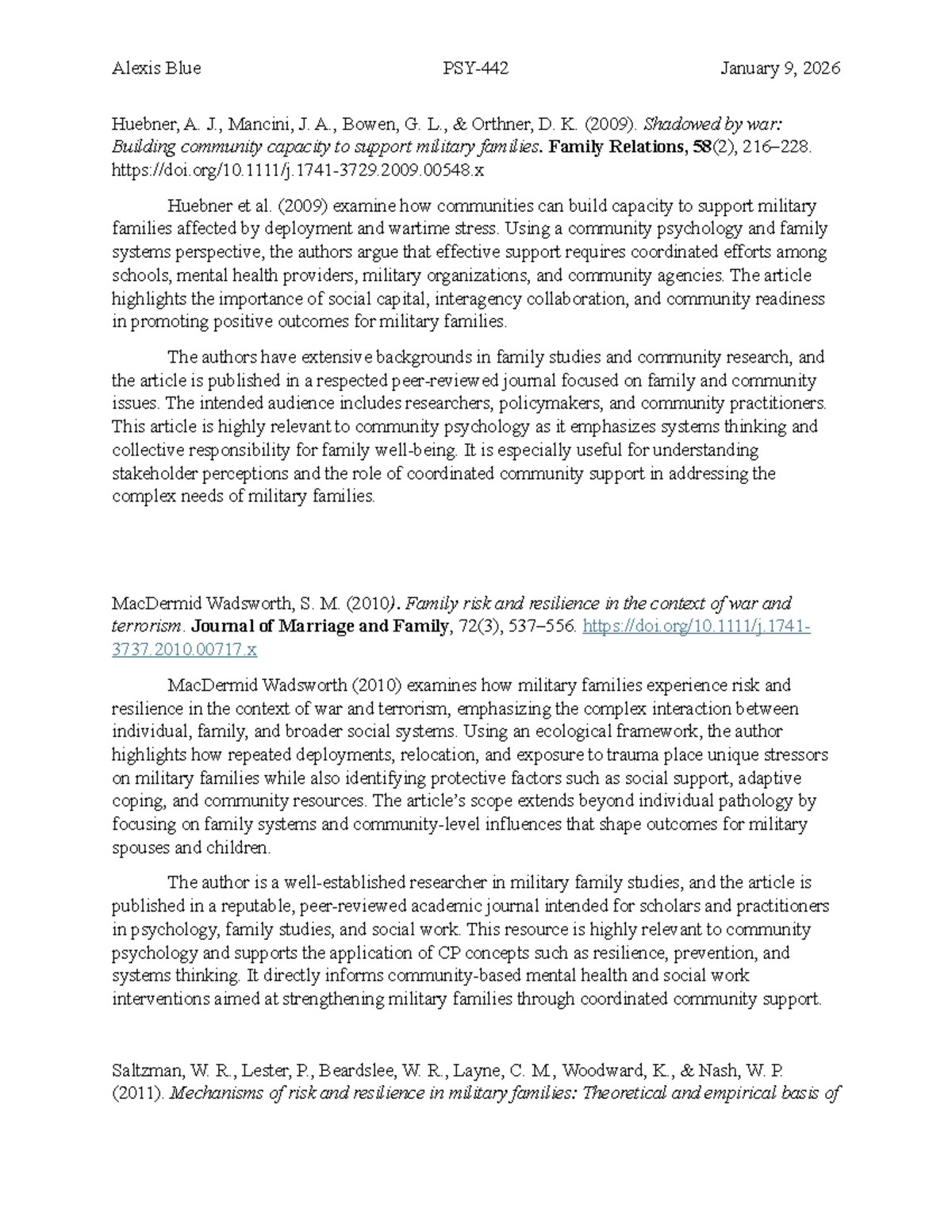 Annotated Bibliography: Community Support for Military Families (PSY ...