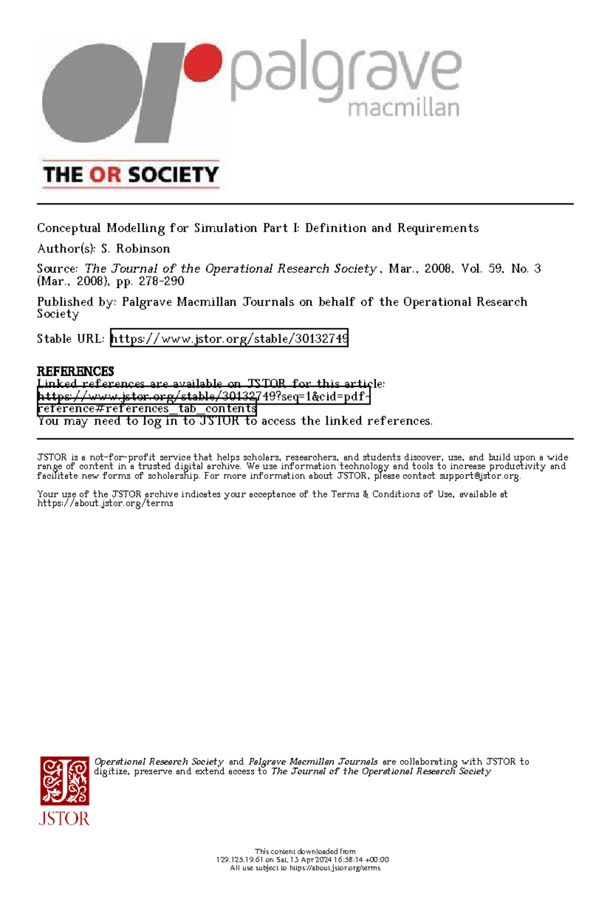 Conceptual Modelling for Simulation (Part 1) - S. Robinson, 2008 ...