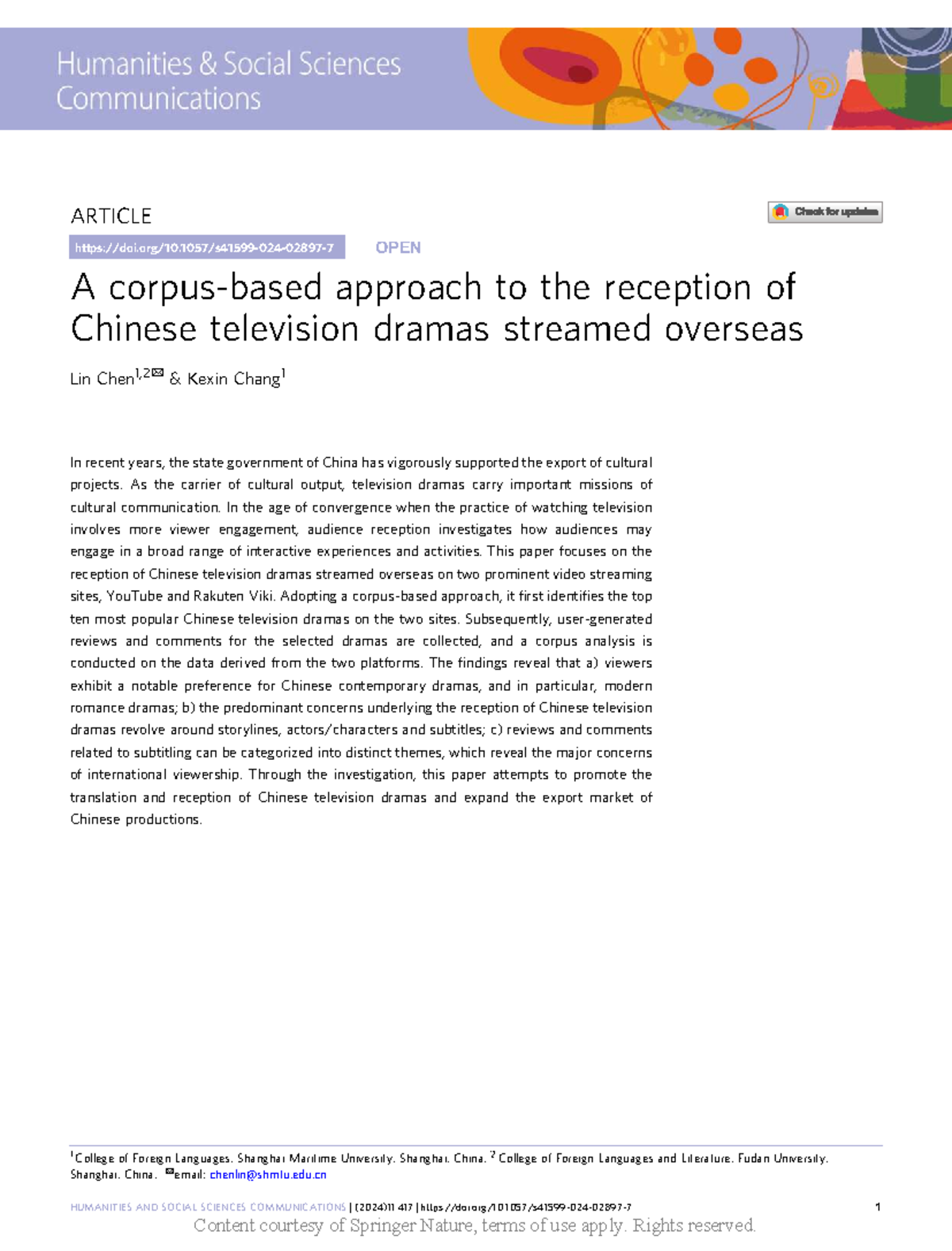 A Corpus-Based Study on the Reception of Chinese Dramas (HUMANITIES ...