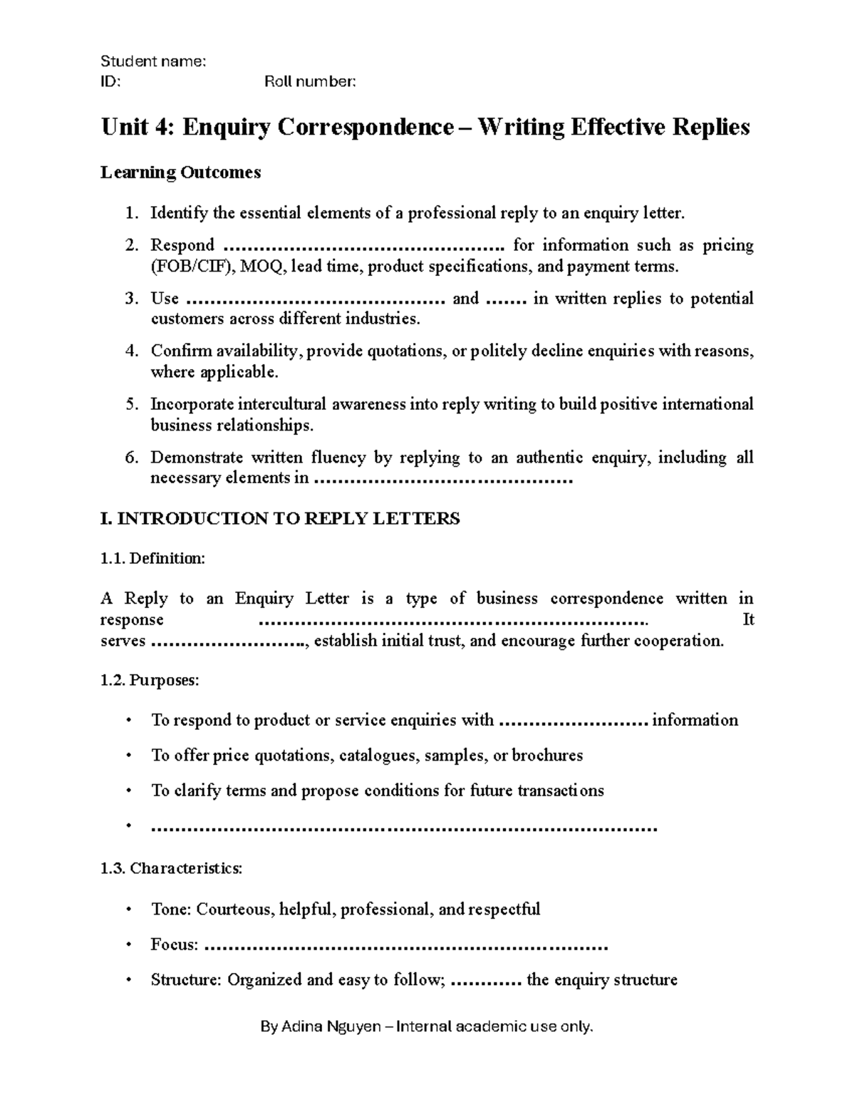 251A-BCC Unit 4: Effective Replies to Enquiry Letters - Studocu