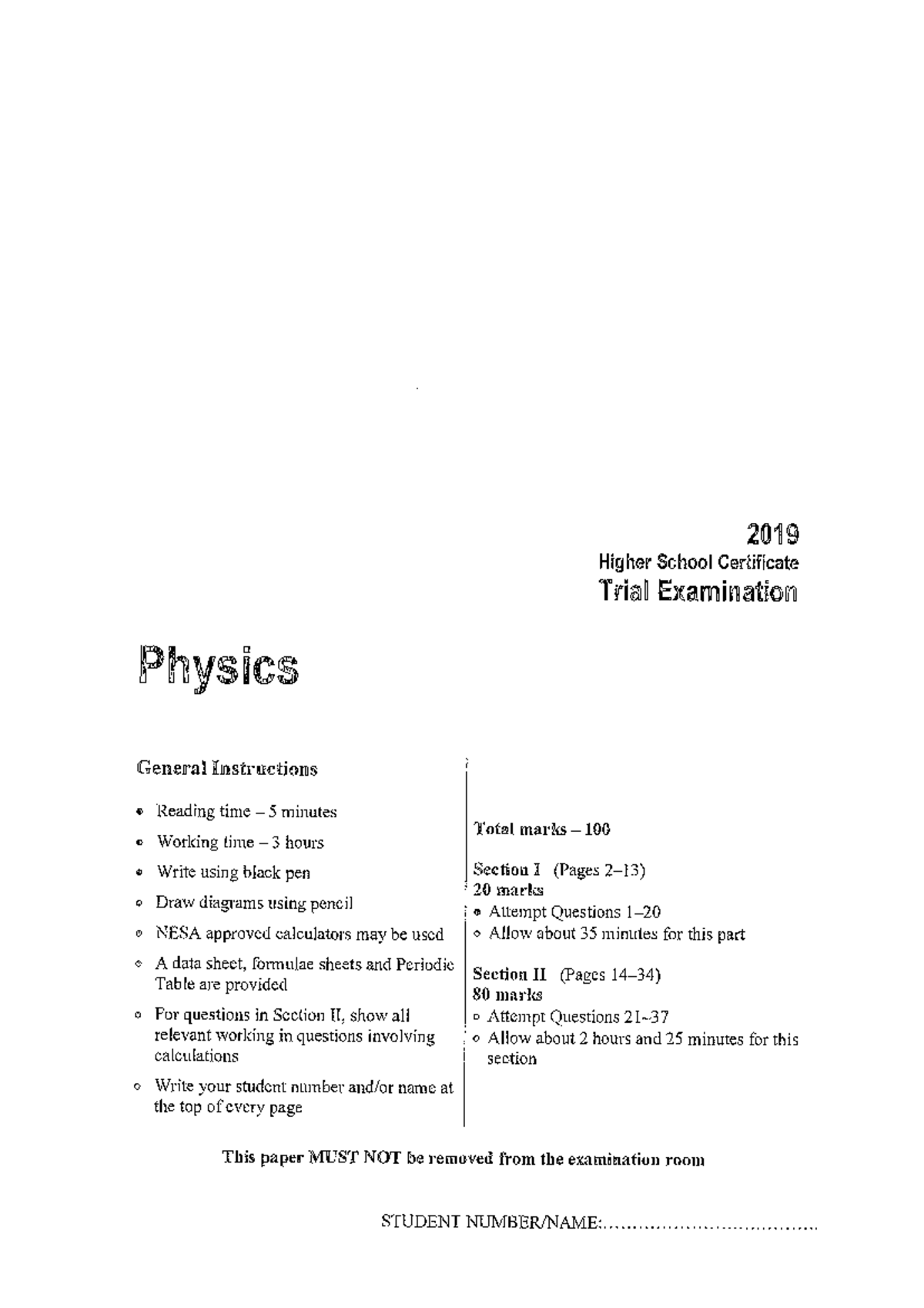 2019 HSC Trial Exam Physics General Instructions & Questions - Studocu