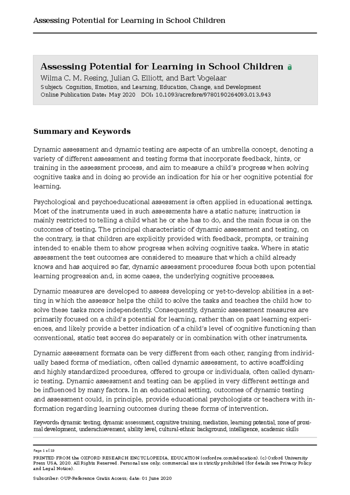 Dynamic Assessment and Learning Potential in School Children (EDU 2020 ...
