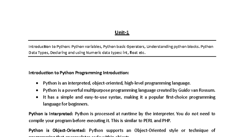 Unit-1: Intro to Python - Variables, Operators, and Data Types - Studocu